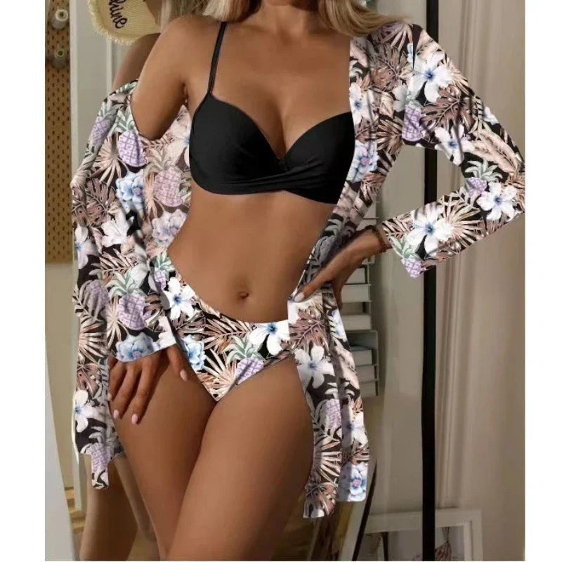 Floral Print 3 Pieces Swimsuit Women Strappy Bikini Set+Long Sleeve Blusas Cover-Up Swimwear Sexy Low Waist Push Up Bathing Suit