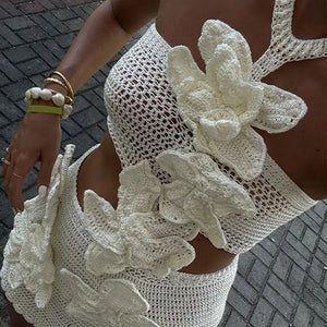 Women Fashion 3d Flower Hang Neck Hollow Dress Sexy Solid Sleeveless Backless Slim Dresses 2024 Summer Beach Party Gowns ﻿