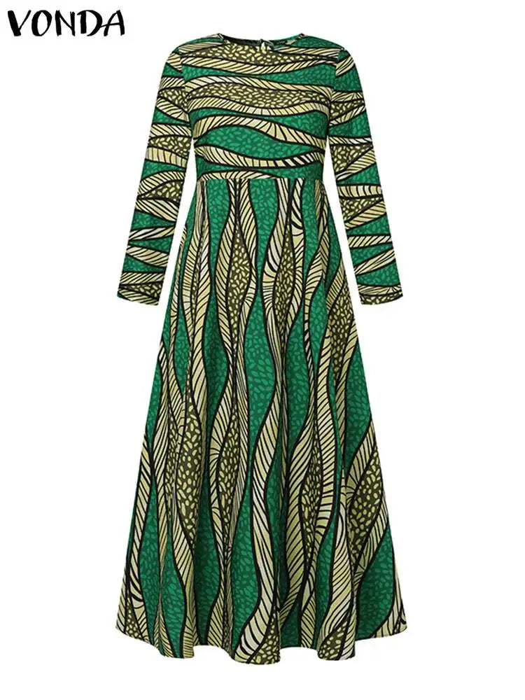 Plus Size 5XL VONDA Maxi Dress 2024 Oversized Women Bohemian Long Sleeve Vintage Printed Sundress Autumn Casual Loose Vestidos