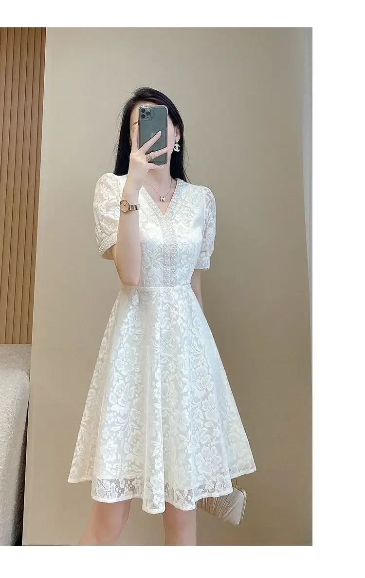 Retro Lace Sequins Beaded Chic Elegant White Party Dresses for Women Summer Fashion V Neck Short Sleeve Slim Midi Dress Vestidos