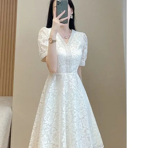 Retro Lace Sequins Beaded Chic Elegant White Party Dresses for Women Summer Fashion V Neck Short Sleeve Slim Midi Dress Vestidos