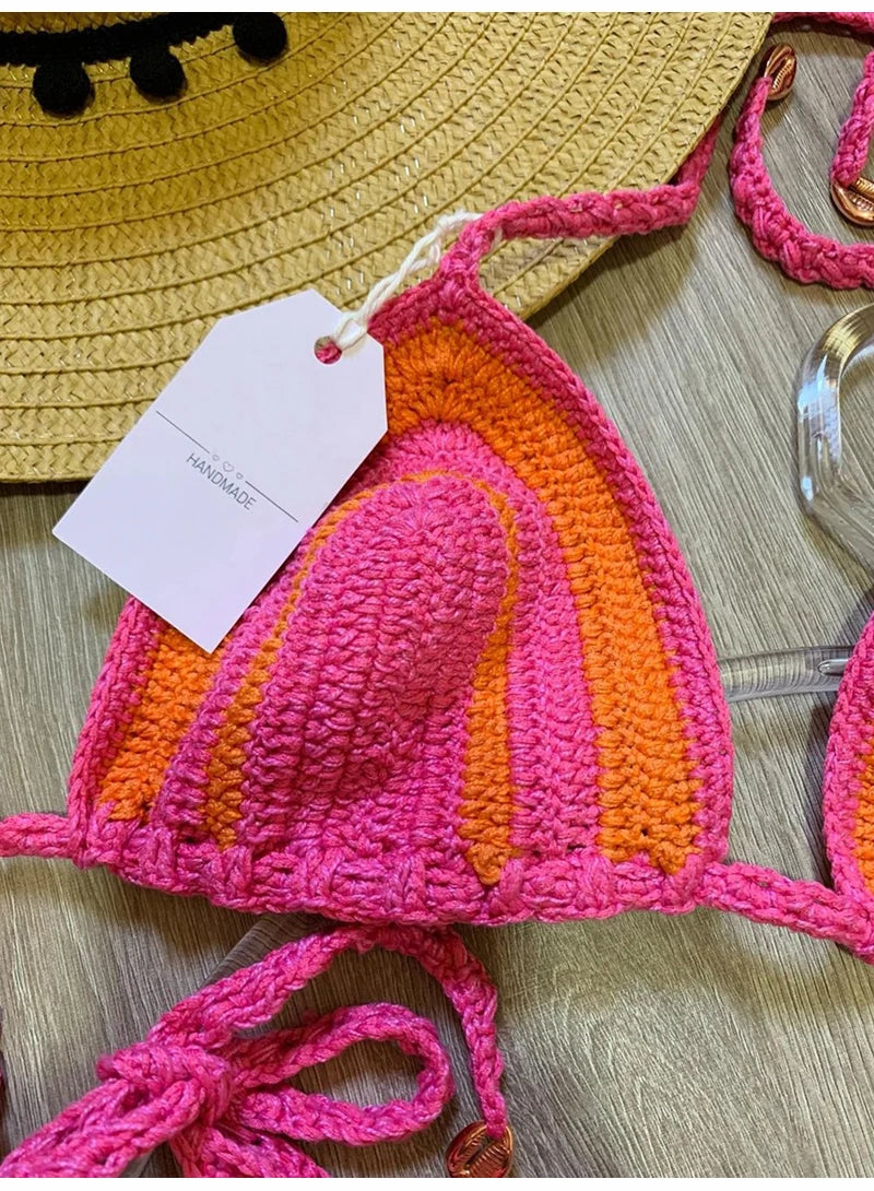 2024 Crochet Handmade Bikini Sets Sexy String Brazil Bathing Suit Swimsuit  Swimwear Boho Beachwear For Women Vacation Outfit