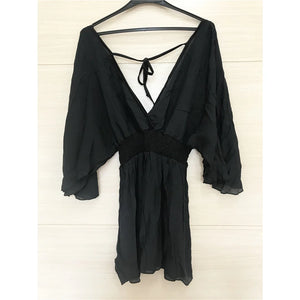 New Sexy V Neck Long Sleeve Backless Chiffon Tunic Beach Cover Up Beach Cover-ups Beach Dress Beach Wear Beachwear V3840