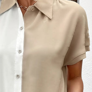 Plus Size Casual Blouse, Women's Plus Colorblock Short Sleeve Turn Down Collar Button Up Blouse