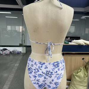 3 Piece Bikini Suit Print Flower Sexy Triangle Cup Hang Neck Swimwear Blue Female High Slit Skirt  Women Beach Suit