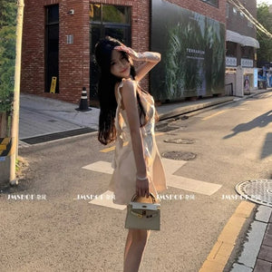 Elegant Satin Mini Dress Women Fairy Party Prom Spaghetti Strap One Pieces Dresses Summer Ladies Vintage Korean Bodycon Vestidos