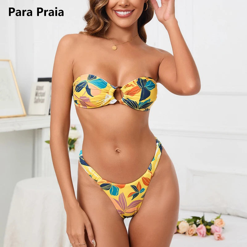 Para Praia Sexy Thong Bikini Floral Strapless Bandeau Swimwear Women Brazilian Swimsuit 2024 Thong Biquini Bandage Bathing Suit