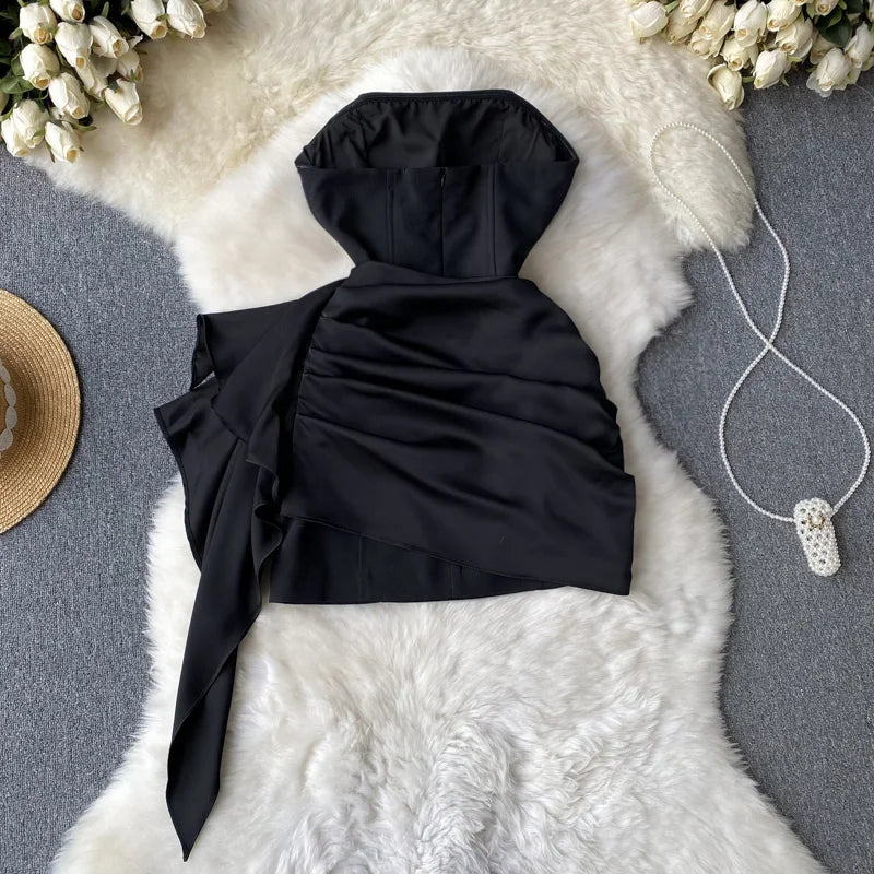 Sexy Asymmetric Strapless Ruffle Mini Dress Korean Fashion Slim Dress Elegant Birthday Party Club Vestido Women Dress Black / M Sexy Asymmetric Strapless Ruffle Mini Dress Korean Fashion Slim Dress Elegant Birthday Party Club Vestido Women Dress Black / M