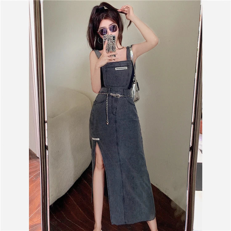 Sleeveless Women Denim Suspender Dress Spring New Midi Skirt Blue Korean Fashion Polo Collar Streetwear Female Braces Slit Dress