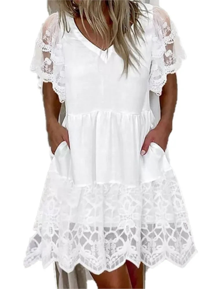 White Lace Patchwork Dress For Women Summer 2024 Casual V-neck Short Sleeved A-line Dress Fashion Boho Beach Dresses