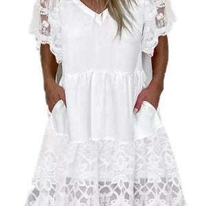 White Lace Patchwork Dress For Women Summer 2024 Casual V-neck Short Sleeved A-line Dress Fashion Boho Beach Dresses