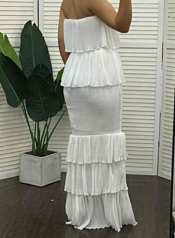 Women Fashion Bandeau Shirred Ruffle Hem Layered Dress