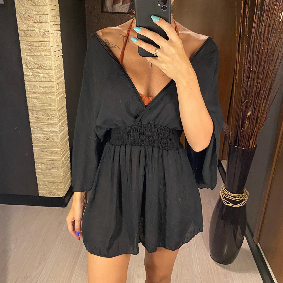 New Sexy V Neck Long Sleeve Backless Chiffon Tunic Beach Cover Up Beach Cover-ups Beach Dress Beach Wear Beachwear V3840