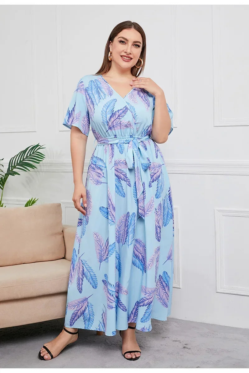 plus size New best-selling oversized loose V-neck dress for women with elastic waist  short sleeved printed long skirt