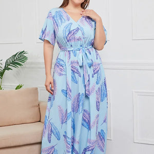 plus size New best-selling oversized loose V-neck dress for women with elastic waist  short sleeved printed long skirt