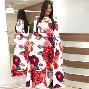 Women's Autumn Printed Long Sleeved Slim Fit Vestido 2024 Fashion Round Neck Flower Hollow Maxi Dresses Roupas Mujer 5XL