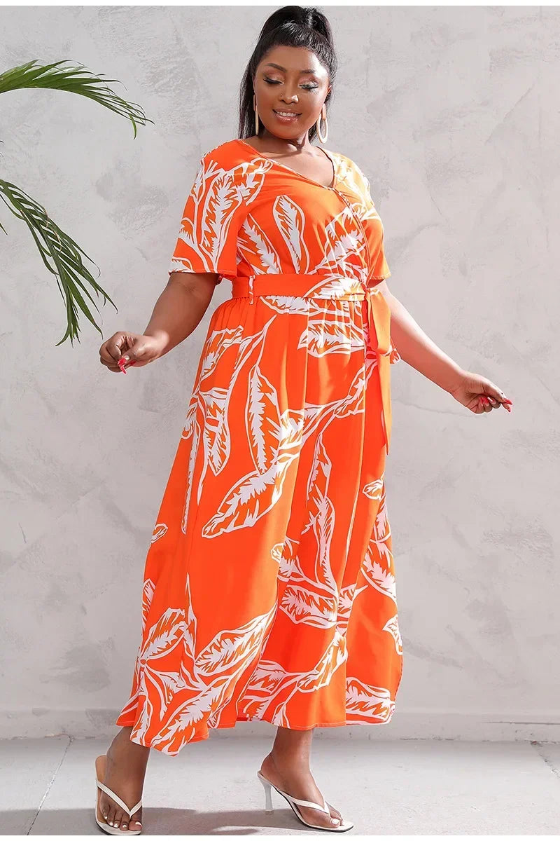 plus size New best-selling oversized loose V-neck dress for women with elastic waist  short sleeved printed long skirt