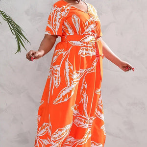 plus size New best-selling oversized loose V-neck dress for women with elastic waist  short sleeved printed long skirt