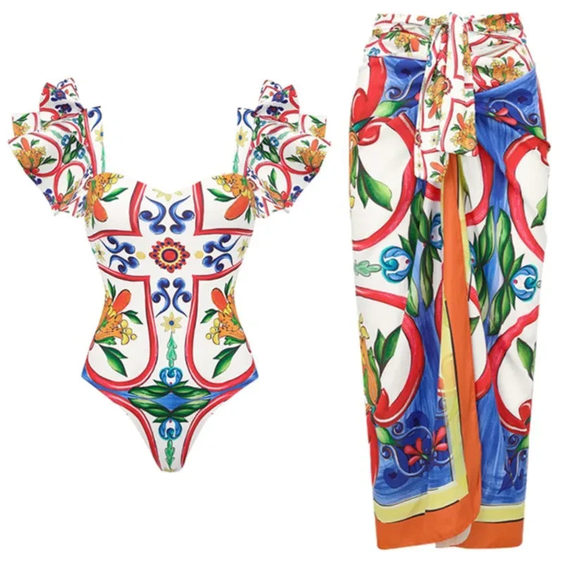 Retro Bikini Printed Fashion Two Piece Swimsuit And Cover Up With Pants Tight Women's Bandage Summer Beach Luxury Elegant