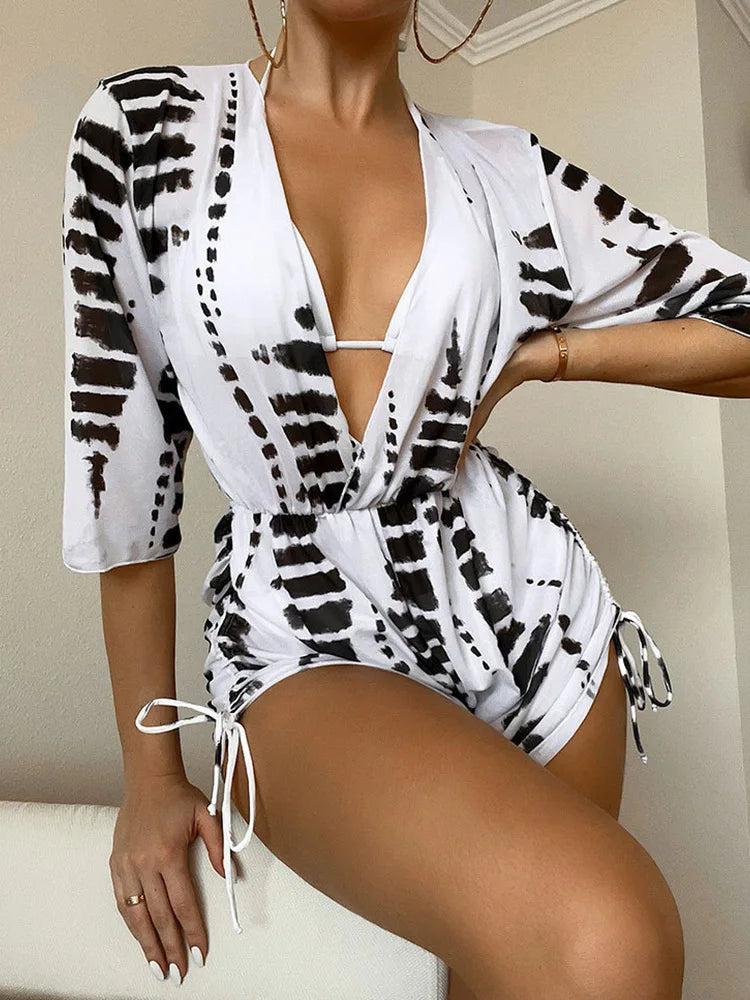 3 Pieces Swimsuit Women's Matching Set Push Up Bikinis+Sexy Mesh Bodysuit Drawstring Cover-Up Swimwear Bathing Suits Beachwear