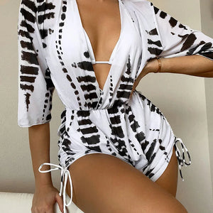 3 Pieces Swimsuit Women's Matching Set Push Up Bikinis+Sexy Mesh Bodysuit Drawstring Cover-Up Swimwear Bathing Suits Beachwear