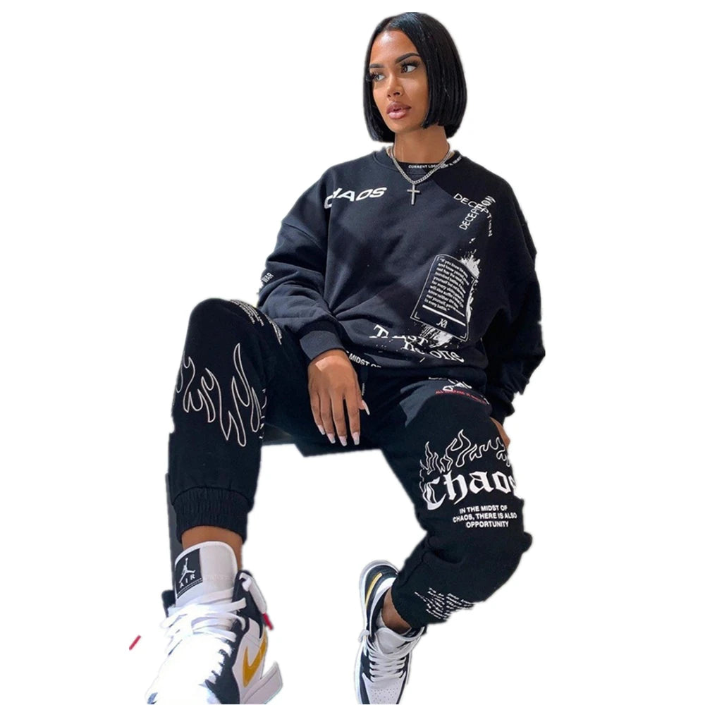 Women Outfit Letter Print Loose 2 Two Piece Set Streetwear Tracksuit Sweatshirt Joggers Pants Matching Ensemble Femme 2 pieces