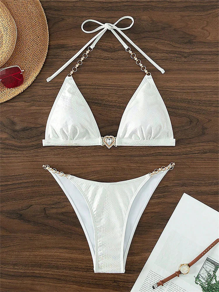 Luxury Rhinestone Bikini Women Black Bronzing Metal Chain Strap Push Up Micro Swimsuit 2024 Sexy Bathing Suit Thong Swimwear