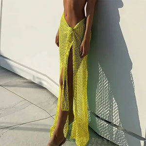 Sexy Wrap Skirt Binding Rope Beach Wear Sarong New Arrival Women Knitting Crochet Hollow Out Cover Up Solid Color Beach Dress