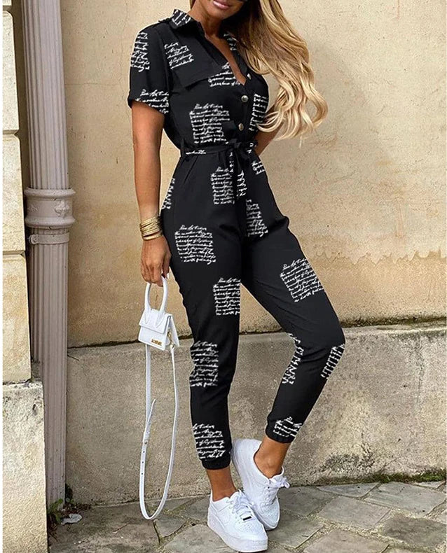 New Summer Jumpsuit Women Elegant Casual Lapel Buckle Printed Female Jumpsuit Woman Trousers Playsuit Overalls Bodysuit Romper