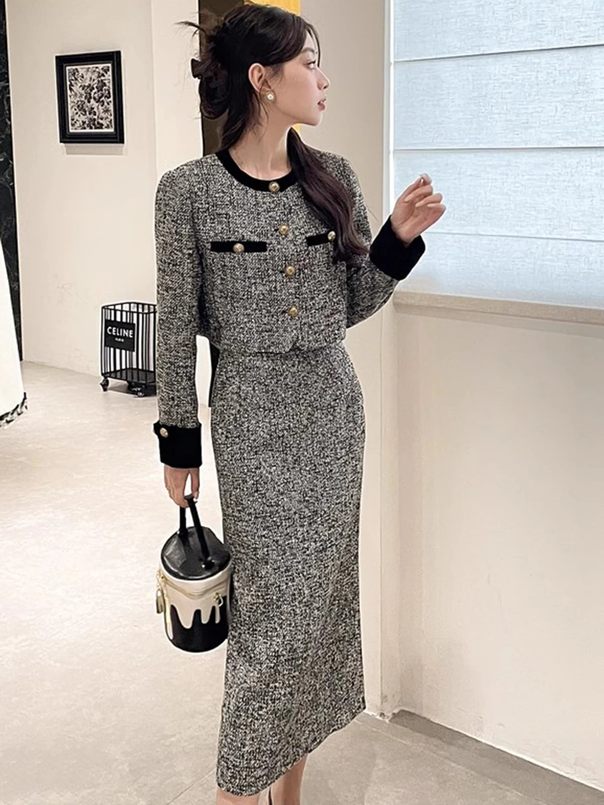 Women’s Trendy Tweed Two-Piece Set Vintage Chic Single Breasted Cropped Blazer Jacket+Long Skirt Suit Small Fragrant Outfits