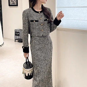 Women’s Trendy Tweed Two-Piece Set Vintage Chic Single Breasted Cropped Blazer Jacket+Long Skirt Suit Small Fragrant Outfits