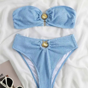 Sexy One Shoulder Shell Bikini High Waist Swimwear 2023 Textured Swimsuit Women Bathing Suits Metal Ring Two-piece Bikinis Set