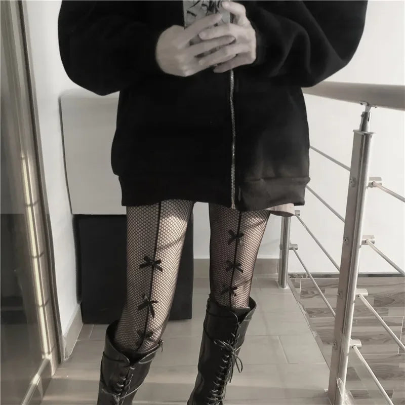 Women Sexy Mesh Fishnet Tights Stockings Pantyhose Bows Transparent Gothic Party Club White Black Women Netting Socks Lingeries