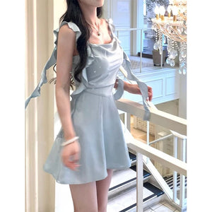 Elegant Satin Mini Dress Women Fairy Party Prom Spaghetti Strap One Pieces Dresses Summer Ladies Vintage Korean Bodycon Vestidos