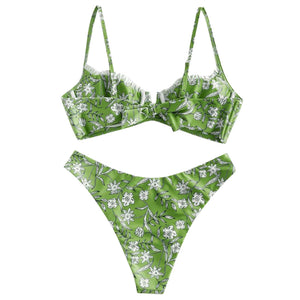 Flower Print High Cut V Neck Two Pieces Swimsuit Women Plus Size Swimwear Swimsuit Beachwear Swimwear Women Plus купальник