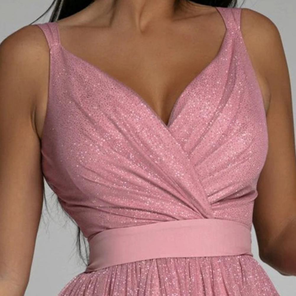 Women Sleeveless Sequin Club Party Dress Sexy Tight Waist Sleeveless Double-layer Loose Hem Prom Evening Dress Bridesmaid Dress