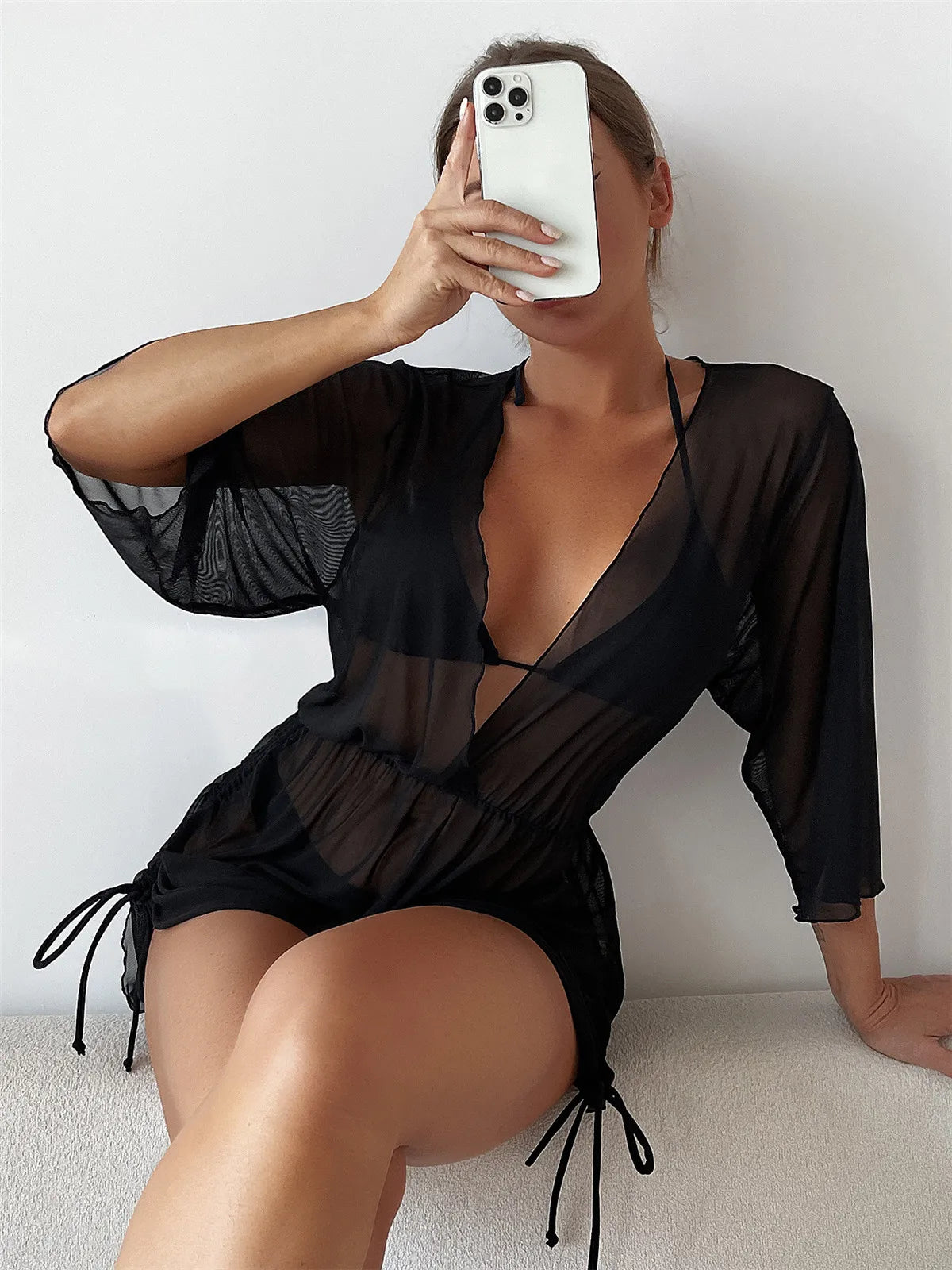 Sexy Long Sleeves Cover Up Bikini Set Women White Black Push Up Mesh Dress 3 Piece Swimsuit Bathing Suit Thong Swimwear 2024