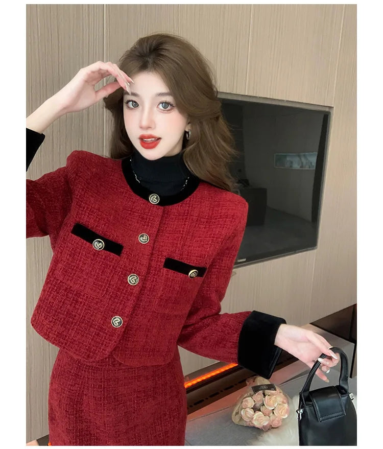 Women’s Trendy Tweed Two-Piece Set Vintage Chic Single Breasted Cropped Blazer Jacket+Long Skirt Suit Small Fragrant Outfits