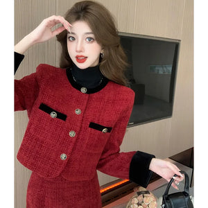 Women’s Trendy Tweed Two-Piece Set Vintage Chic Single Breasted Cropped Blazer Jacket+Long Skirt Suit Small Fragrant Outfits