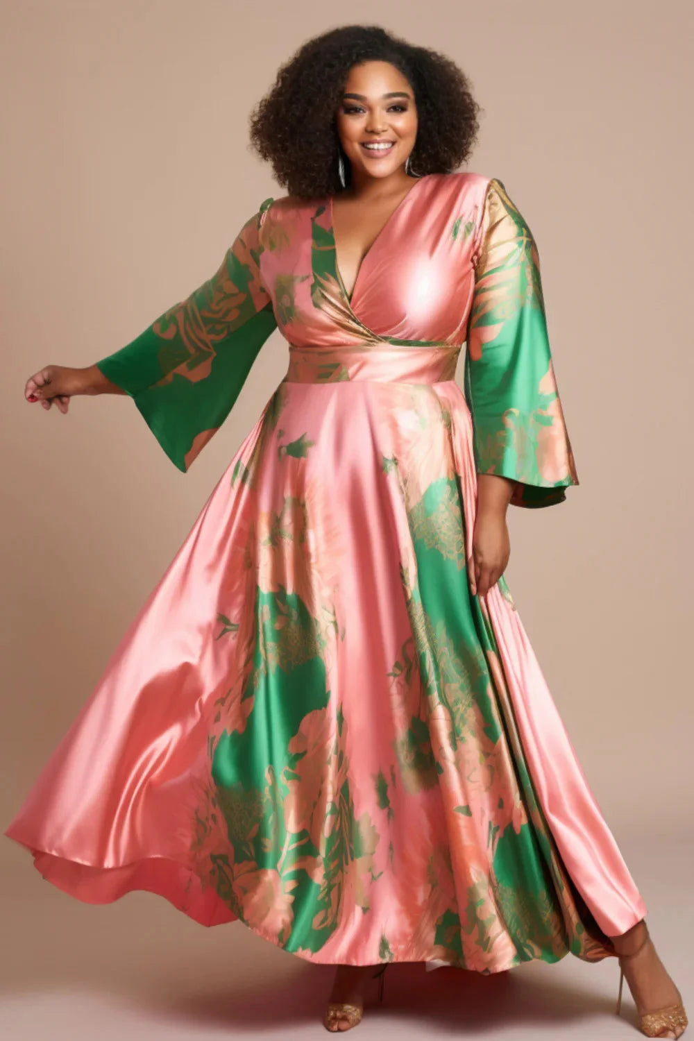 Women‘s Plus Size Satin Dress Vacation Elegant Pink Colorblock Flare Long Sleeve Wedding Guest V-Neck Maxi Dresses