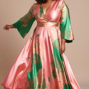 Women‘s Plus Size Satin Dress Vacation Elegant Pink Colorblock Flare Long Sleeve Wedding Guest V-Neck Maxi Dresses