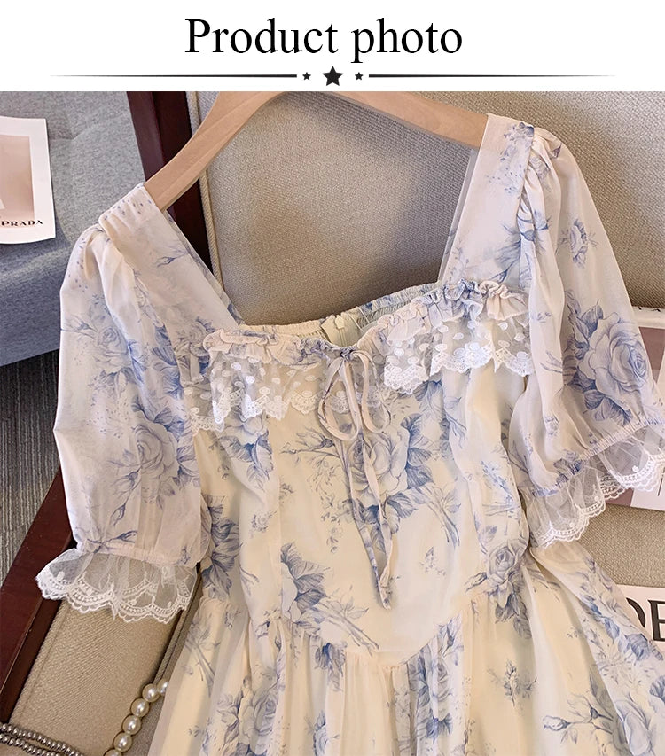 2024 Summer new French casual print dress Lace embellished chiffon fabric loose comfortable puffy sleeve party dress plus size