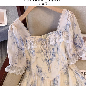 2024 Summer new French casual print dress Lace embellished chiffon fabric loose comfortable puffy sleeve party dress plus size