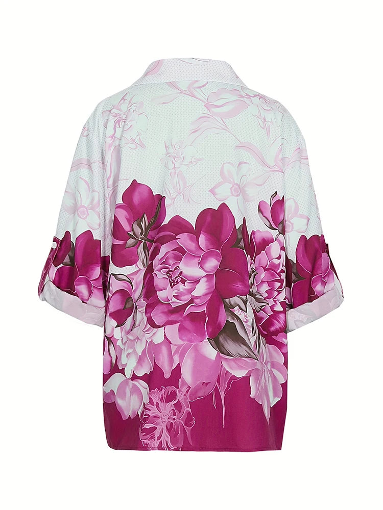 Plus Size 2024 Summer New Women's Printed Pattern Shirt Single Row Button Lapel Long Sleeve Shirt Polyester Material