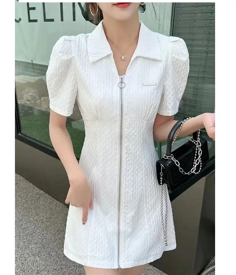 Summer Fashion Retro French Style Black White Chic Elegant Dresses for Women Casual Zipper Short Sleeve Slim Midi Dress Vestidos