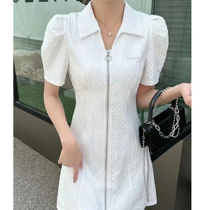 Summer Fashion Retro French Style Black White Chic Elegant Dresses for Women Casual Zipper Short Sleeve Slim Midi Dress Vestidos