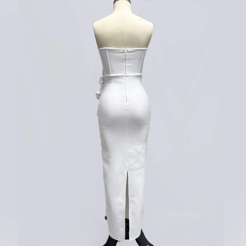 Factory Wholesale Women's White Flowers Strapless Tight Fashion Sexy Celebrity Cocktail Party Bandage Long Dress