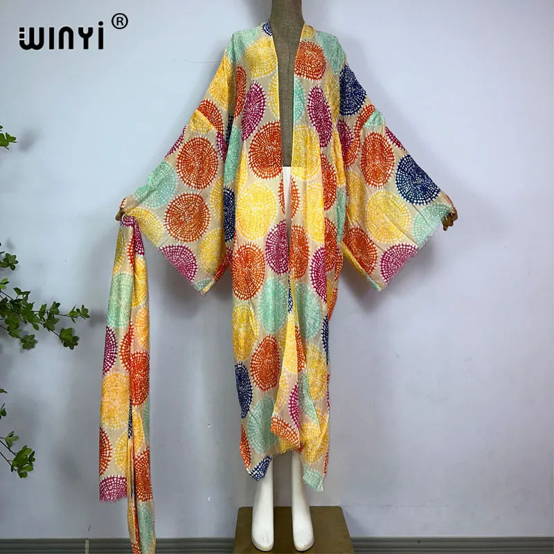 WINYI Bohemian bronzing print Bikini Cover-ups Elegant Self Belted Kimono Dress Women Summer holiday Dress Beach Wear Cover up