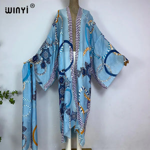 WINYI Bohemian bronzing print Bikini Cover-ups Elegant Self Belted Kimono Dress Women Summer holiday Dress Beach Wear Cover up