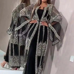 Women Fashion Party Evening Dresses Sexy Lace Maxi Long Dress High Waist Robe Summer Long Sleeve Elegant Abayas Deep V-neck Robe